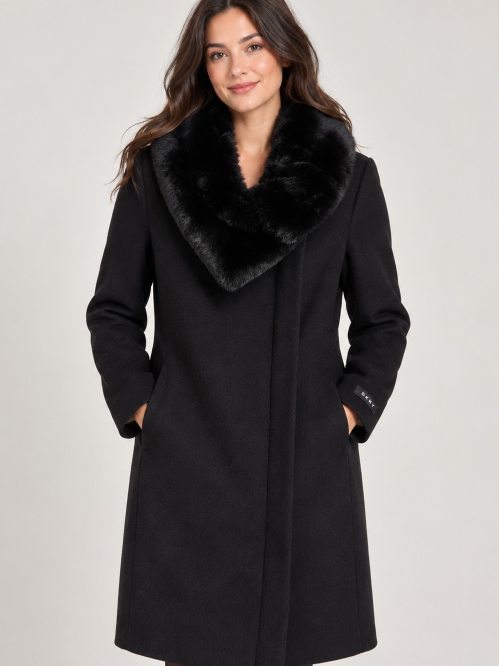 DKNY Black Long Coat with Oversized Fur Collar Size S
